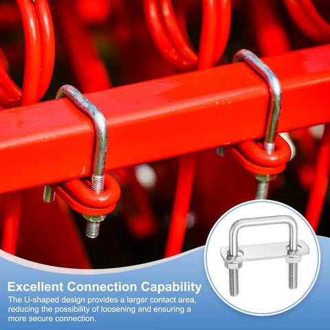 Two Pack Square U Bolts With Flange Nuts For Trailer And Automotive Use One And Three Quarters Inch Inner Width Two And Nine Sixteenths Inch Length 304 Stainless Steel U Bolts With Frame Plates on red metal frame