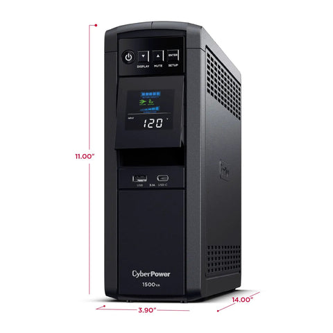 1500VA 1000W PFC Sine Wave UPS System With 12 Outlets, AVR, Mini Tower Design, Battery Backup And Surge Protection, Quiet Auto Voltage Regulation, TAA Certified, Black, Ideal For Workstations, Networking Gear, Gaming Rigs And Home Office Setups