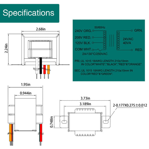 Specifications diagram for 24V 40VA Control Transformer For HVAC Furnaces With Multi Tap Primary 120V 208V 240V And 24V Secondary