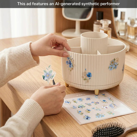 Hands applying DIY stickers to 360 Degree Swivel Desk Organizer With Floral Compartments And Space Saving Plastic Caddy for office