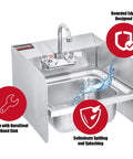 Heavy Duty Stainless Steel Sink Splash Guard 17 By 12 Wall Mount Shield with rounded edges and DuraSteel Hand Sink in kitchen.