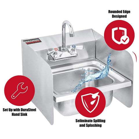 Heavy Duty Stainless Steel Sink Splash Guard 20 By 12 Inch Wall Mount Shield For Commercial Kitchens with water pouring over sink and safety features