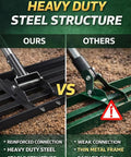 Comparison of heavy duty steel structure lawn leveling rake versus thin metal frame rake highlighting reinforced connection.