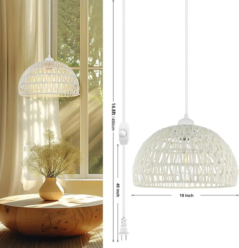 Hand Woven Bamboo Pendant Light With 15 Ft Hemp Cord Plug In Rattan Hanging Lamp On Off Switch 7W LED Bulb Included Three Color Temperatures