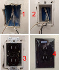 UL Listed 1-Gang Non-Metallic Outlet Box Extender Kit showing installation process in 4 steps, adding depth to wall boxes.