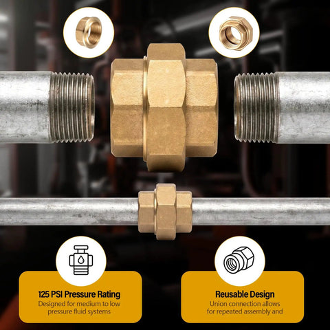 Two Pack 1 Inch Brass Pipe Union Fittings For 125 Lb Service Female Threaded Connectors on steel pipes