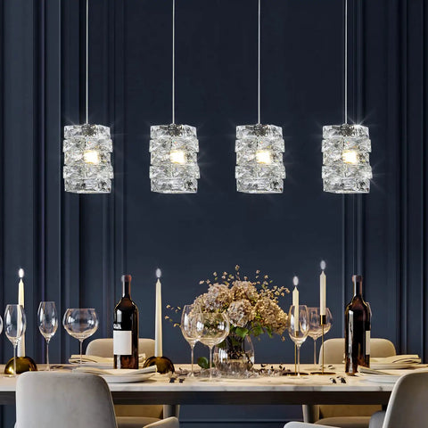 Lit Crystal Pendant Light 4 Light Modern Cluster Ceiling Fixture In Chrome With K9 Crystals above dining table setting