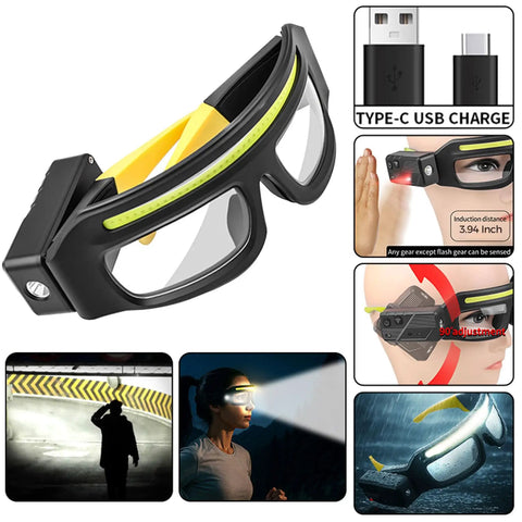 Game Changer Durable Rechargeable Headlamp Glasses With Smart Motion Sensor And Quick Tap Controls For Camping Hiking Fishing And Outdoor Adventures Two Pack Yellow Lenses close-up view with USB charging port and motion sensor features.