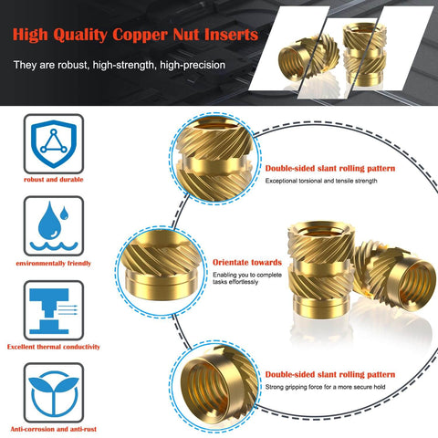 460 Piece Brass Heat Set Threaded Inserts Kit For Plastic And 3D Printing M2.5 M3 M4 M5 M6 knurled nuts close-up view.
