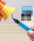 Close-up view of VASTOOLS deburring tool with blue handle removing burr from yellow plastic part; 18-piece blade set.