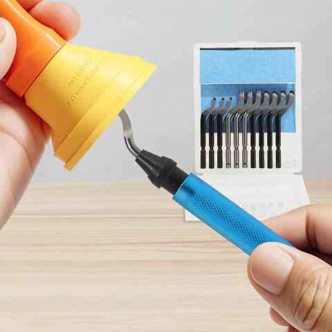 Close-up view of VASTOOLS deburring tool with blue handle removing burr from yellow plastic part; 18-piece blade set.