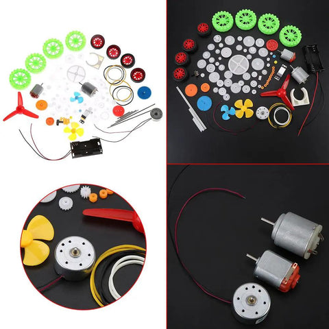 Plastic Crown Gear Set For DIY Robots And Toys, Motor Gear Kit with pulleys, belts, wheels, and assembly parts displayed