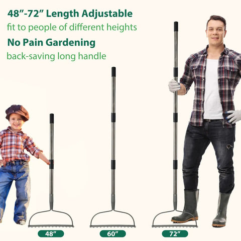 Heavy Duty Bow Rake For Leaves And Lawn Care, 48 Inch Handle With Back Saving Grip, adjustable length demonstration with people