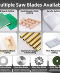Multiple saw blades for compact table saw with 100W power, showing various cutting materials for DIY projects.