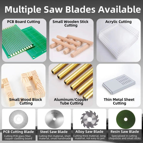 Multiple saw blades for compact table saw with 100W power, showing various cutting materials for DIY projects.