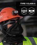Worker wearing orange Vented Hard Hat With LED Light Cap Style Safety Helmet Ratchet Suspension Class C Construction Gear.