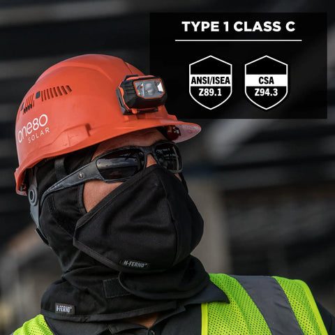 Worker wearing orange Vented Hard Hat With LED Light Cap Style Safety Helmet Ratchet Suspension Class C Construction Gear.