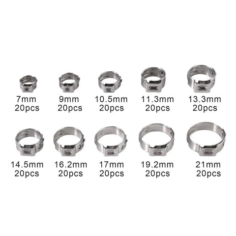 Various sizes of 304 stainless steel pipe clamps from the Stepless Single-Ear Hose Clamp Pliers Kit 5.8-21mm for leak-free fit