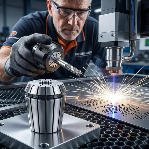Operator using 11/16 Inch Spring Collet for CNC Milling with sparks flying, heavy duty 65Mn spring steel precision for engraving