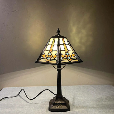 Mission Style Table Lamp With Tiffany Stained Glass Night Light Hexagonal Cone Lampshade 10 Inch Wide By 16 Inch Tall LED Bulb Included