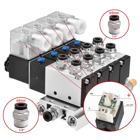 4V210-08 4 Solenoid Pneumatic Valve Kit DC24V PT One Fourth Ports 5 Way 2 Position Internally Piloted Includes Manifold Base Muffler