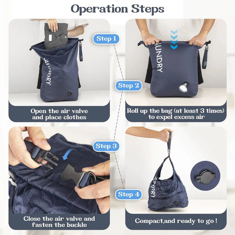 Steps for using Travel Laundry Bag With Vacuum Compression For Dirty Clothes, Waterproof Wet Dry Storage, showing compression process.