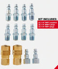 One Quarter Inch NPT M Style Air Coupler And Plug Kit Twelve Piece Set For Quick Change Connects Durable Brass Fittings