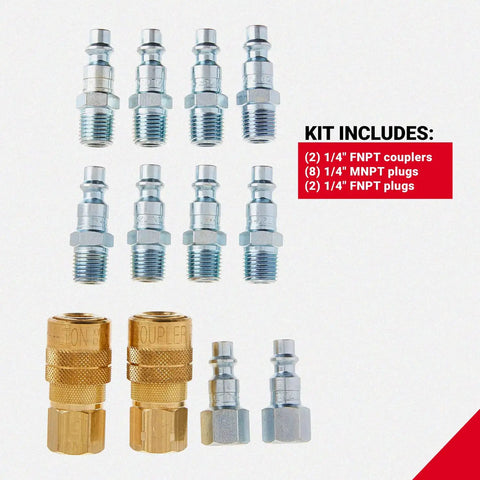 One Quarter Inch NPT M Style Air Coupler And Plug Kit Twelve Piece Set For Quick Change Connects Durable Brass Fittings