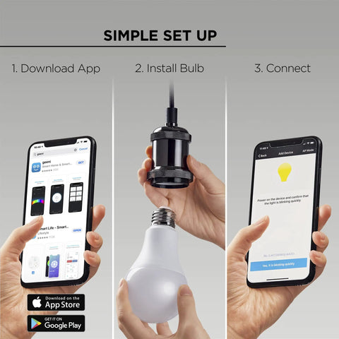 Smart White LED Bulb 60W Equivalent No Hub Needed Non Dimmable 3 Pack setup instructions: app download, bulb installation, connection