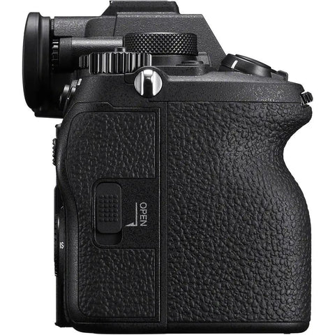 Side view of A7 V Mirrorless Camera Bundle With Wireless Microphone System And Do It All Accessory Pack 64GB Card U Grip Case Tripod