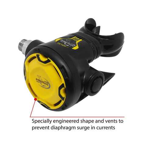 Back Up Scuba Regulator Octopus with 36 Inch Yellow Hose, close-up view of black and yellow second stage with logo visible.