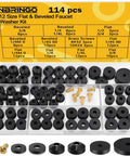 114 Piece Faucet Washer Kit With 12 Sizes Of Flat And Beveled Rubber Washers And Brass Bibb Screws For Outdoor Spigot Hose Bib Garden Valve Repair And Replacement, displayed in case.