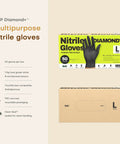Heavy Duty 8 Mil Nitrile Gloves Featuring A Rock Solid Diamond Grip Pattern Chemical Resistant And Powder Latex Free Construction Ideal For Kitchen Tasks Or Shop Work Tough As Nails Black Set Of 50 Large packaging box and large size gloves shown.