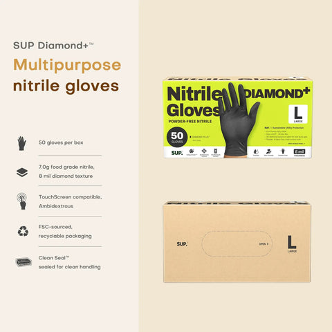 Heavy Duty 8 Mil Nitrile Gloves Featuring A Rock Solid Diamond Grip Pattern Chemical Resistant And Powder Latex Free Construction Ideal For Kitchen Tasks Or Shop Work Tough As Nails Black Set Of 50 Large packaging box and large size gloves shown.