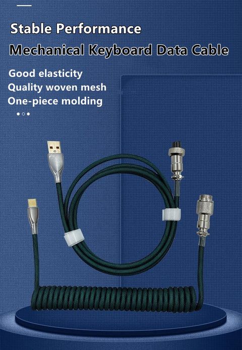 Pro Grade USB A To USB C Spiral Keyboard Cable 1.8M Dark Green Wear Resistant Braided Sheath Aviation Style Plug High Speed Data Transfer For Mechanical Keyboards 8KHz Magnetic Axis Return Ready coiled cable