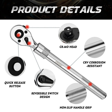 Three Quarter Inch Extendable Drive Ratchet With Twenty Four Tooth Gear And Fifteen Degree Sweep Quick Release Reversible Ratcheting With Reinforced Steel Heavy Duty Build showcasing CR-MO head and corrosion resistance.