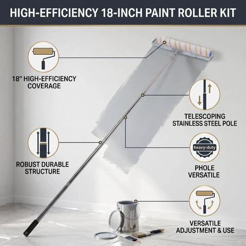 18 Inch Heavy Duty Paint Roller Kit With Sturdy Stainless Steel Extension Pole for smooth wall coverage and durability.