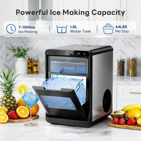 Quiet Nugget Ice Maker For Countertop With 44 Lb Daily Capacity on kitchen counter, open door showing ice bin filled with pebble ice.