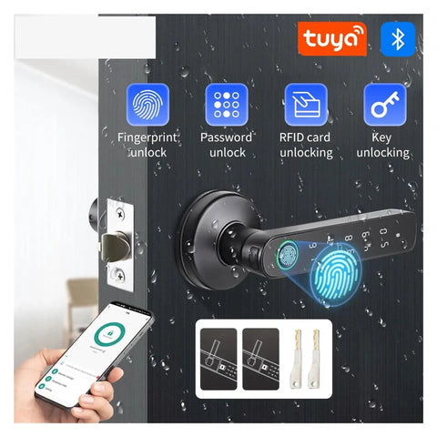 Smooth Operator Fingerprint Door Lock Handle Deadbolt With App Control Digital Password And Ic Card Access For Total Home Security Glow Up Quick Install Keyless Entry System close-up on fingerprint scanner and app control features