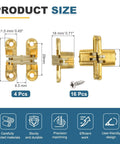 Diagram showing 4 Pack Hidden Cabinet Door Hinges 1.65 Inch By 0.45 Inch 180 Degree Concealed Cross Hinge, gold finish, with screws included.