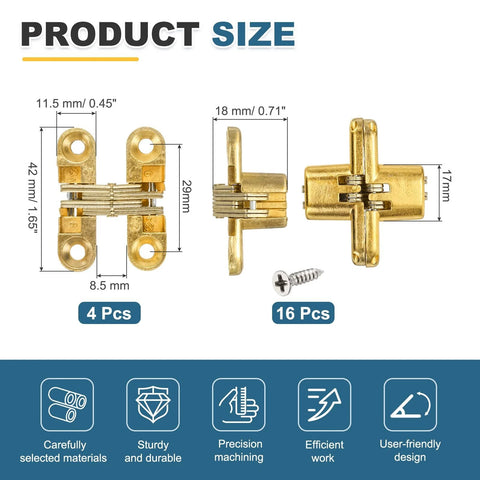 Diagram showing 4 Pack Hidden Cabinet Door Hinges 1.65 Inch By 0.45 Inch 180 Degree Concealed Cross Hinge, gold finish, with screws included.