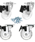 Four 3-inch clear polyurethane caster wheels with locking brakes and swivel mounting plates; screws included