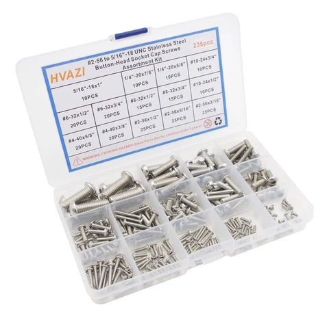 Top Shelf 304 Stainless Steel Button Head Hex Socket Cap Screws Assortment Kit With Two Hundred Thirty Five Pieces And Fourteen Sae Inch Threads For Garage Fixes With No Sweat in storage case.