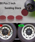 Pro Grade 2 Inch Sanding Discs Kit With Hook And Loop Backing Pad And One Quarter Inch Shank in use on wheel before and after