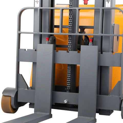 Heavy Duty 2200 Lb Counterbalanced Electric Pallet Stackers With Full Mast And Straddle Forks Reaching 98 Inches High base view showing straddle forks and lifting mechanism.