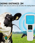 Cow with UHF RFID Reader SR300 Bluetooth Handheld Scanner for 860-960MHz inventory in pastoral landscape.
