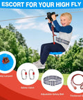 Child using backyard zip line kit with removable trolley, 200 feet, supports up to 400 lbs, height adjustable thickened seat.