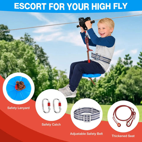 Child using backyard zip line kit with removable trolley, 200 feet, supports up to 400 lbs, height adjustable thickened seat.