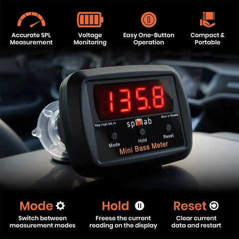 Mini Bass Meter Version 2 Compact Standalone Subwoofer Sound Pressure Meter With Voltage Measurement For Car Audio Bass Testing Tool 10 Hz To 120 Hz Range And 110 dB To 185 dB Measurement For Precise Bass Tuning On The Go, display view