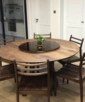 Kick Back Heavy Duty Tempered Glass Lazy Susan Turntable 31 To 35 Inch round swivel serving tray on wooden dining table